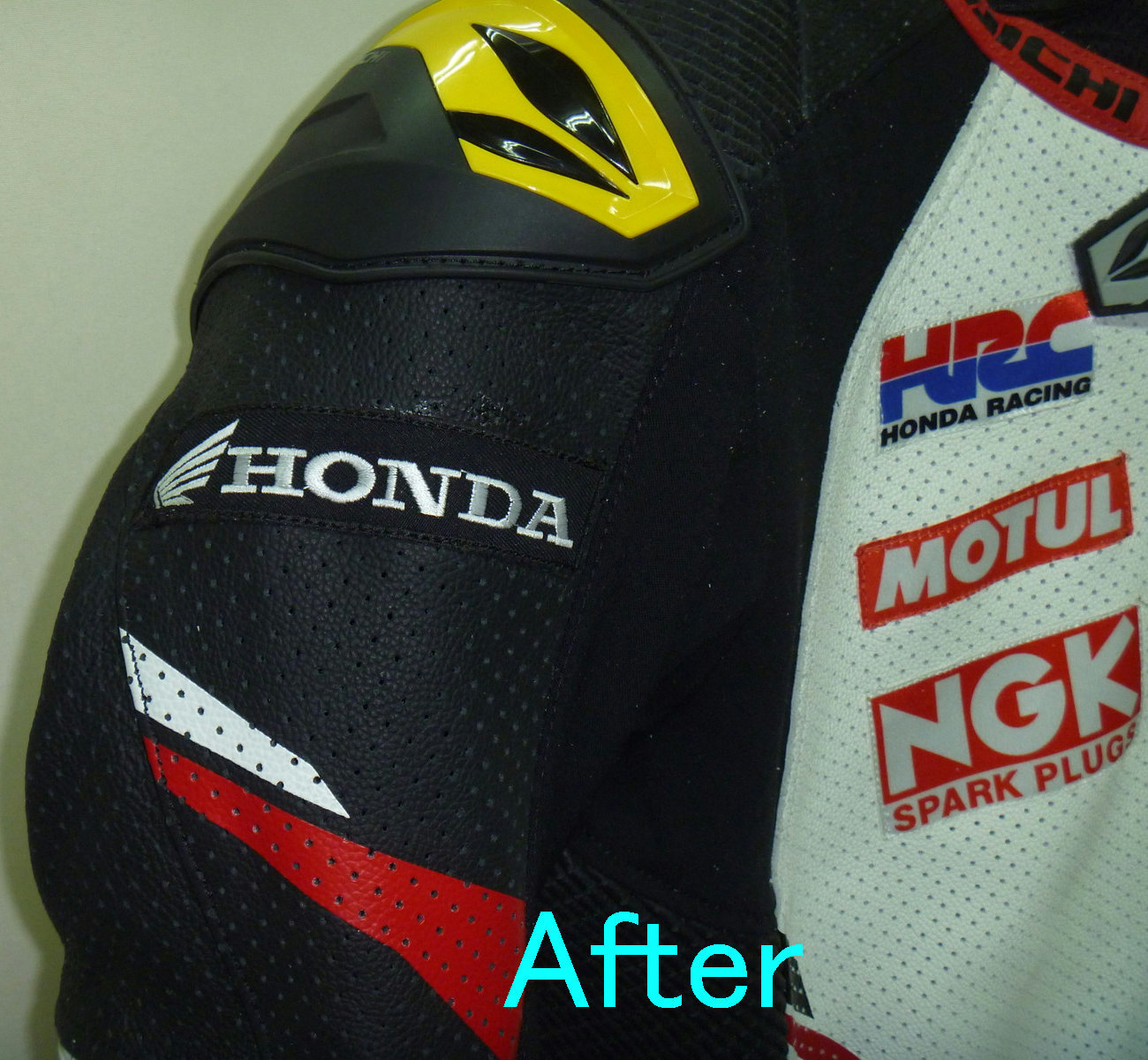 レーシングスーツへのワッペン縫い付け 革製品の修理と補修と色直しのワールドリペア千葉